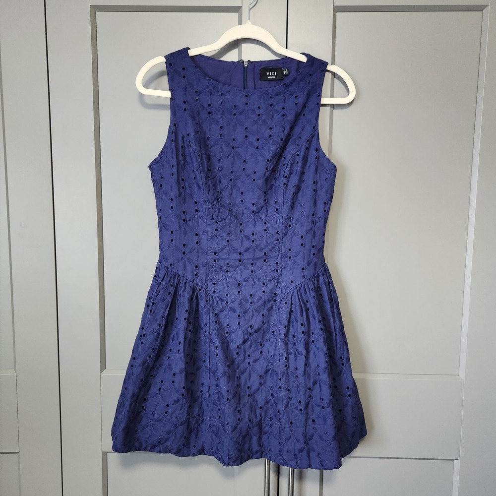 VICI Navy Blue Floral Eyelet Fit & Flare Mini Dress M Medium Cotton Coquette